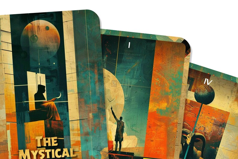 Puede incluir: Tres cartas con un dise&ntilde;o vintage y abstracto. Cada carta presenta una imagen diferente con una persona, una luna y un planeta. El texto "THE MYSTICAL" est&aacute; en la parte inferior de la primera carta.
