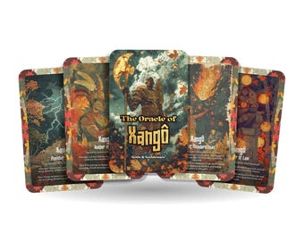 May include: A deck of oracle cards featuring illustrations of figures and natural elements. The central card reads "The Oracle of Xangô" with additional text. The cards have a decorative border and a warm color palette.