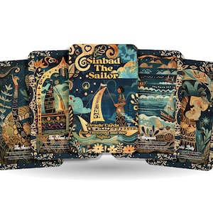 Może przedstawiać: Zestaw kart orakulum z ilustracjami statku, kobiety w niebieskiej sukni i pary obejmującej się. Karty są zatytułowane "Sinbad The Sailor Oracle Cards One Thousand and One Nights".