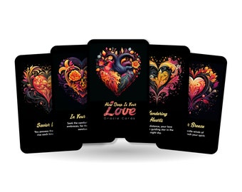 May include: A set of oracle cards with colorful illustrations of hearts on a black background. The cards feature phrases like "Savior", "In Your", "Wandering Hearts", and "A Breeze". The title of the deck is "How Deep Is Your Love Oracle Cards".
