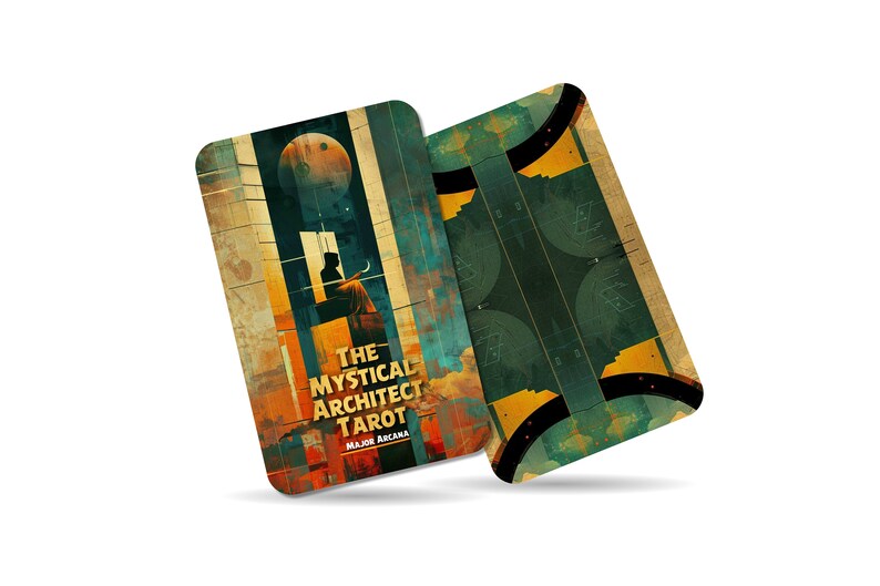Puede incluir: Dos cartas de tarot con un esquema de color amarillo, verde y marr&oacute;n. La carta de la izquierda tiene una imagen de una persona sentada en una ventana con una gran luna detr&aacute;s de ella. El texto en la carta dice "The Mystical Architect Tarot Major Arcana". La carta de la derecha tiene un dise&ntilde;o geom&eacute;trico con c&iacute;rculos y l&iacute;neas.