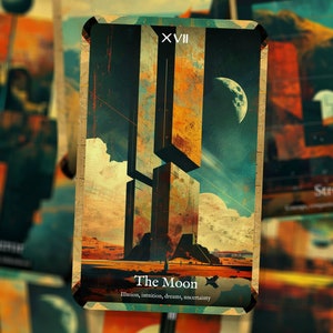 Puede incluir: La carta del tarot La Luna, que presenta un paisaje surrealista con dos estructuras rectangulares altas y una luna creciente en el cielo. El n&uacute;mero de la carta XVII est&aacute; en la esquina superior izquierda, y el nombre de la carta "La Luna" est&aacute; en la parte inferior con las palabras clave "ilusi&oacute;n, intuici&oacute;n, sue&ntilde;os, incertidumbre".