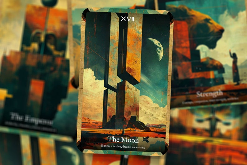 Puede incluir: La carta del tarot La Luna, que presenta un paisaje surrealista con dos estructuras rectangulares altas y una luna creciente en el cielo. El n&uacute;mero de la carta XVII est&aacute; en la esquina superior izquierda, y el nombre de la carta "La Luna" est&aacute; en la parte inferior con las palabras clave "ilusi&oacute;n, intuici&oacute;n, sue&ntilde;os, incertidumbre".