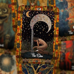 May include: A tarot card featuring a woman kneeling by water under a crescent moon and stars. The card is labeled "The Star" with additional text below. The card has a decorative border with floral and geometric patterns.
