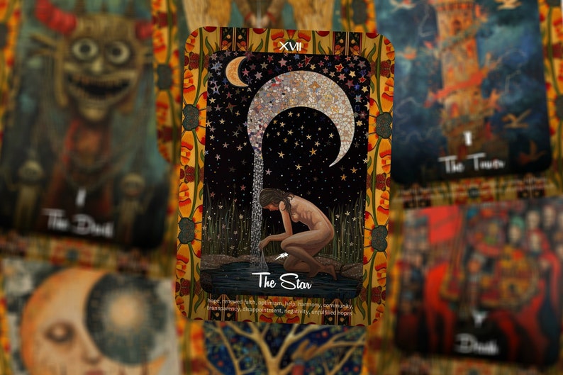 May include: A tarot card featuring a woman kneeling by water under a crescent moon and stars. The card is labeled "The Star" with additional text below. The card has a decorative border with floral and geometric patterns.