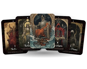 May include: Five tarot cards from The Enigma of Existence Tarot deck. The cards are The Emperor, The Empress, The Magician, The Hanged Man, and The Chariot. Each card features a dark, gothic illustration with a red, gold, and black color scheme.