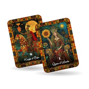 May include: Two tarot cards with rounded corners. One card features a knight on horseback with the text "Knight of Cups." The other card shows a queen holding a sunflower, with the text "Queen of Wands."