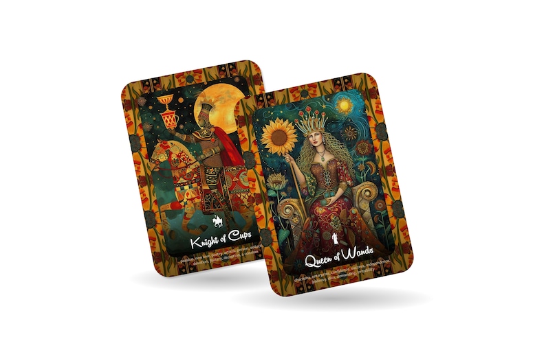 May include: Two tarot cards with rounded corners. One card features a knight on horseback with the text "Knight of Cups." The other card shows a queen holding a sunflower, with the text "Queen of Wands."