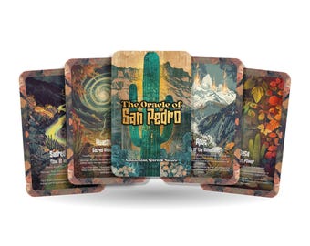 May include: A deck of oracle cards titled "The Oracle of San Pedro." The cards feature illustrations of nature scenes, including a cactus, mountains, and flowing water. The cards are arranged in a fan shape against a white background.