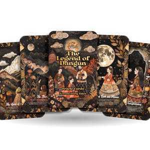May include: A set of oracle cards featuring illustrations from Korean fairy tales. The cards are black with gold accents and feature images of people, animals, and nature. The cards are titled "The Legend of Dangun: Oracle Cards Korean Fairy Tales".
