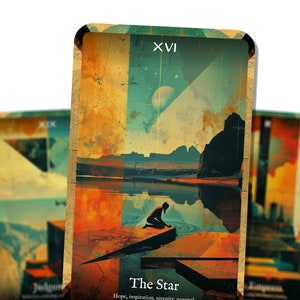 Puede incluir: Una carta del tarot con una est&eacute;tica vintage que representa un paisaje con una masa de agua y una persona arrodillada junto al borde del agua. La carta se titula "La Estrella" y tiene el n&uacute;mero romano XVI en la esquina superior derecha. El texto de la carta dice "Esperanza, inspiraci&oacute;n, serenidad, renovaci&oacute;n."