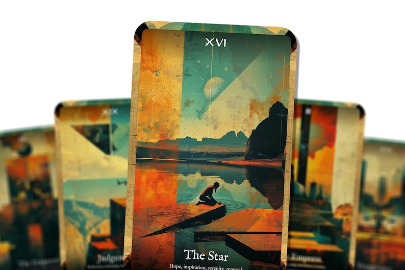 Puede incluir: Una carta del tarot con una est&eacute;tica vintage que representa un paisaje con una masa de agua y una persona arrodillada junto al borde del agua. La carta se titula "La Estrella" y tiene el n&uacute;mero romano XVI en la esquina superior derecha. El texto de la carta dice "Esperanza, inspiraci&oacute;n, serenidad, renovaci&oacute;n."