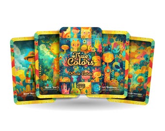 May include: A set of colourful oracle cards with illustrations of people, animals, and nature. The cards are titled "True Colors Oracle Cards" and feature the words "Inspired Lyrics" in a circle.