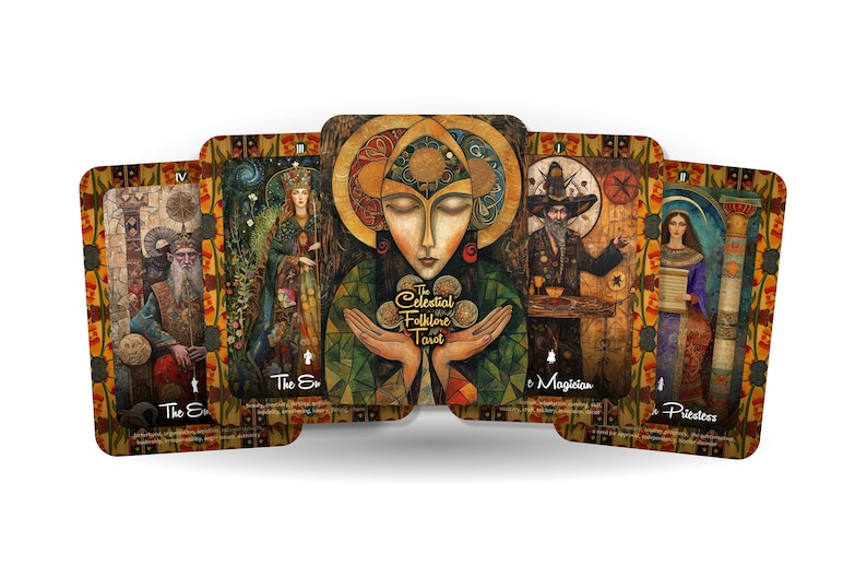 May include: A deck of tarot cards with a central card featuring a woman with a golden halo, surrounded by other cards. The cards have detailed illustrations and the text "The Celestial Folklore Tarot".