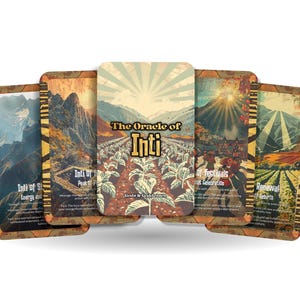May include: A deck of oracle cards titled "The Oracle of Inti." The cards feature vintage-style illustrations of mountains, landscapes, and people. The central card displays the title with a sunburst design.