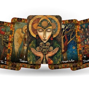 May include: A deck of tarot cards with colorful illustrations. The cards feature images of a demon, an angel, a woman holding orbs, a hanged man, and a group of people. The text "The Celestial Folklore Tarot" is visible on one card.
