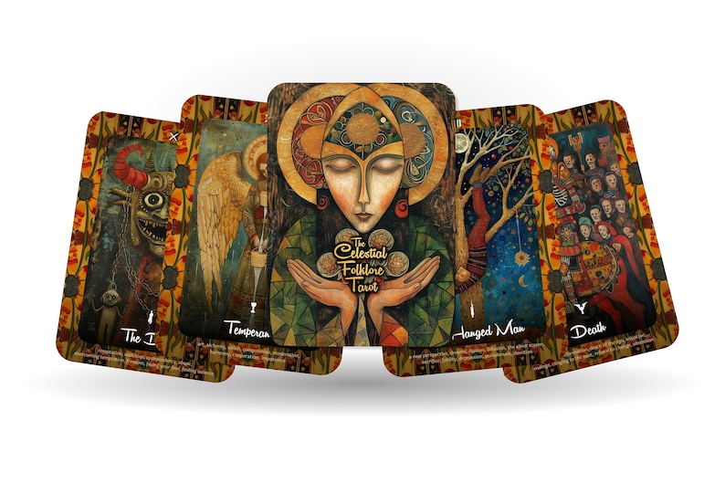 May include: A deck of tarot cards with colorful illustrations. The cards feature images of a demon, an angel, a woman holding orbs, a hanged man, and a group of people. The text "The Celestial Folklore Tarot" is visible on one card.