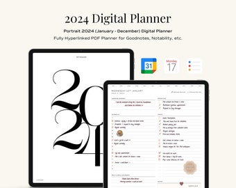 2024 Minimalist Digital Planner | Google/Apple Calendar & Reminders, Goals Monthly Weekly Daily Templates, Goodnotes iPad Planner Portrait