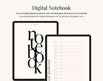 Digital Hyperlinked Notebook with 15 sections, includes digital paper templates & bonus stickers for GoodNotes, Notability (Soft Beige)