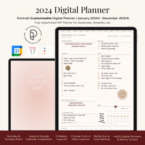 2024 Minimalist Digital Planner | Google/Apple Calendar & Reminders, Goals Monthly Weekly Daily Templates, Goodnotes iPad Planner Portrait