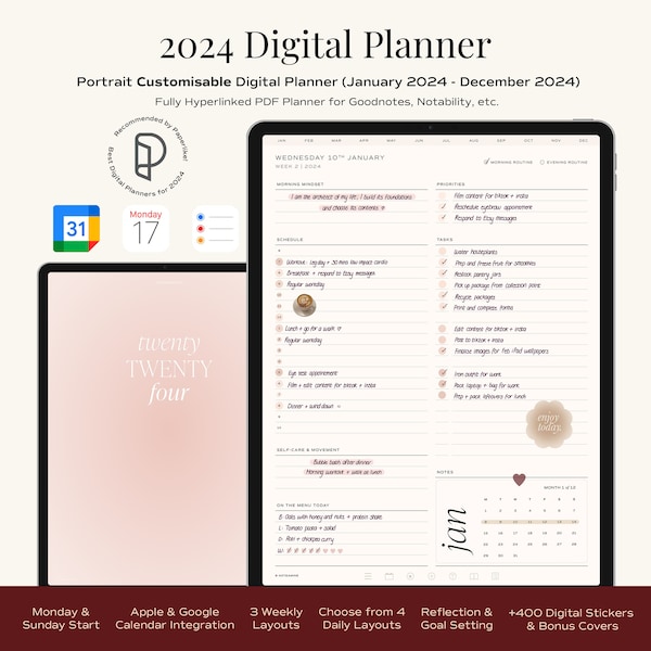 2024 Minimalist Digital Planner | Google/Apple Calendar & Reminders, Goals Monthly Weekly Daily Templates, Goodnotes iPad Planner Portrait