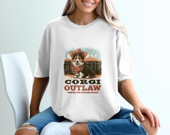 Maglietta Comfort Colors® Corgi Outlaw, maglietta per amanti dei cani in stile western, ricercato per rubare cuori, regalo carino per gli amanti dei Corgi, maglietta Comfort Colors
