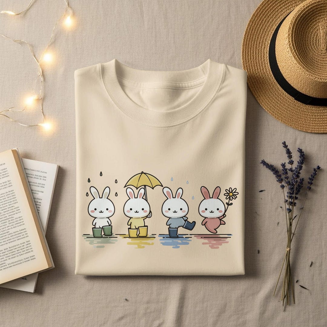 Cute Bunny T-shirts, Kawaii Rabbits Playing in Rain, Happy Puddle ...