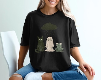 Maglietta Comfort Colors® con gatto fantasma e rana che pensa troppo, maglietta divertente per chi soffre d'ansia, maglietta Comfort Colors, maglietta carina per introversi, regalo originale per un amico