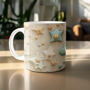 Starry Dreams Ceramic Mug, 3D-Style Celestial Design