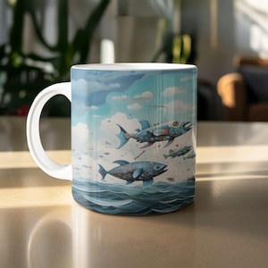 Surreal Flying Fish Mug: Whimsical Ocean Art, Fantasy Design
