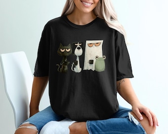 Maglietta Comfort Colors® Tired Coffee Club, maglietta divertente con gatto, cane e fantasma del mattino, maglietta sarcastica Comfort Colors, regalo per introversi