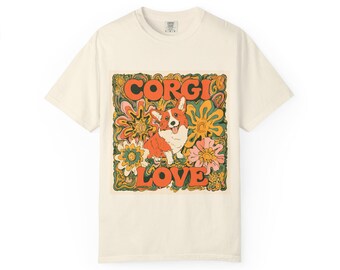 Maglietta Comfort Colors® Corgi Love, maglietta per cani alla moda, maglietta retrò con fiori, regalo vintage per amanti dei cani, abbigliamento per chi ama i Corgi
