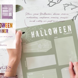 Planificador imprimible de Halloween, una página. Organiza disfraz, actividades, menú, decoración, música, pelis y notas. Día de muertos