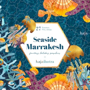 Può includere: Un set di 27 illustrazioni digitali ispirate al mare e al Marocco. Le illustrazioni presentano uno sfondo blu e turchese con accenti dorati, arancioni e viola. Le grafiche includono conchiglie, stelle marine, coralli e altri elementi a tema marino.
