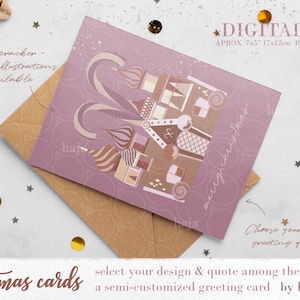 Cartões de Natal semi-personalizáveis para impressão. Arquivo digital. Design e saudação para escolher. Ilustração de quebra-nozes, cartão postal. P.O.D.