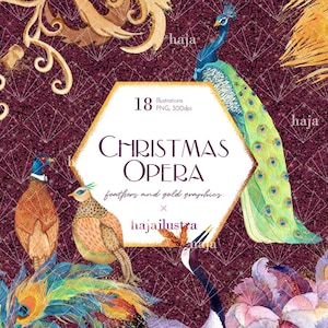 Opéra de Noël Clipart Réveillon du Nouvel An, Autocollants de plumes, Clip Art Masquerade Ball, Champagne, Toast, Art Déco, Or, Pod Paper