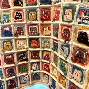 Cat Crochet Afghan Blanket, Cat Crochet Square Blanket, Colorful Afghan Blanket, Square Cat Blanket, HandKnitted Blanket