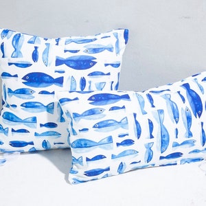 Blue Fish PILLOW Cover, Fish Cushion Cover, Summer Sea Pillow, Navy Outdoor Cushion Cover, Fish Lumbar Cover, Fish Print Pillow Case