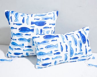 Blue Fish Pillow: Fish Cushion Cover, Summer Sea Pillow, Navy Outdoor Cushion Cover