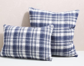 Plaid PILLOW Cover, Navy Plaid Cushion Cover, Blue Plaid Pillow, Blue Farmhouse Cushion Cover, Blue Gray Tartan Pillow Cover