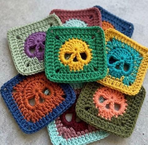 Skull Granny Square Crochet Pattern for Halloween Decor