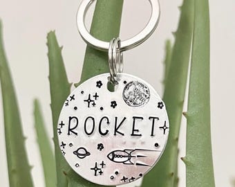 Rocket in Space Dog ID Tag (+more shape/color options!) Handstamped Dog Tag | Space Dog Tag, Planets Rocket Dog Tag, Wanderlust Tags