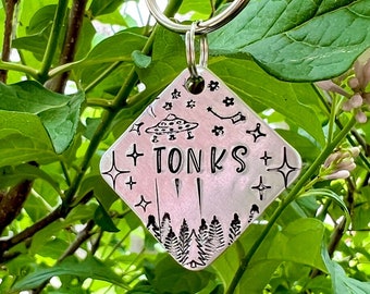 UFO Dog Tag (+more tag shape/color options!) | Hand-stamped Metal Tag, Spaceship UFO Night Aliens Space Area 51 dog tag, Wanderlust Tags
