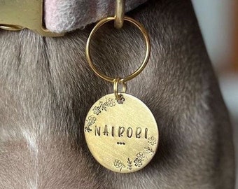 Floral Dog Tag (+more tag shape/color options!) | Hand-stamped Metal Dog Tag, Floral  Flower Dog Tag, Flowers Dog Tag, Wanderlust Tags