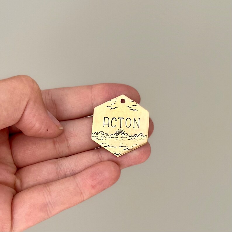 May include: Gold hexagonal pet tag with a black and white illustration of a sunset over the ocean and the name "ACTON" engraved on it.