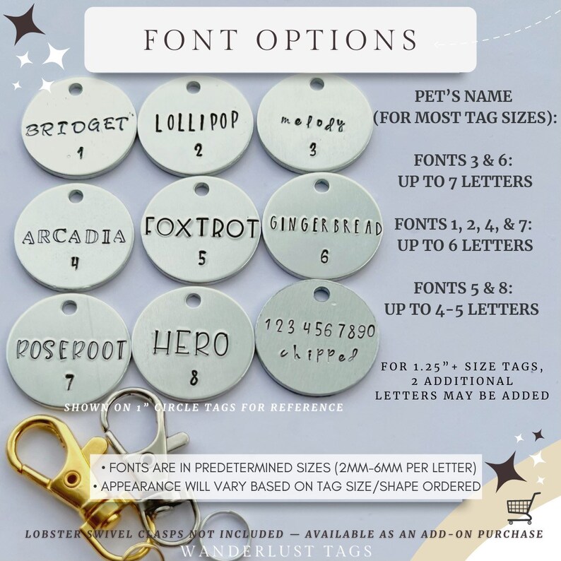 May include: A chart showing different font options for pet tags. The chart shows eight different fonts, each with a sample word written in the font. The chart also includes information about the number of letters that can be used in each font. The chart is titled "Font Options".