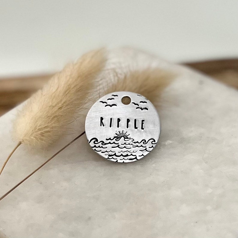 May include: A silver round charm with the word "RIPPLE" engraved on it. The charm features a design of waves and birds in flight.
