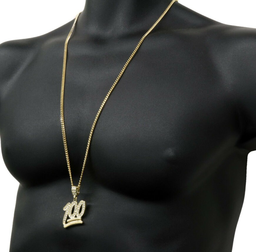 Mens 14k Gold Plated Emoji 100 Cz Pendant Hip-Hop 27" 3mm Cuban Chain & Earrings Mens 14k Gold Plated Emoji 100 Cz Pendant Hip-Hop 27" 3mm Cuban Chain & Earrings
