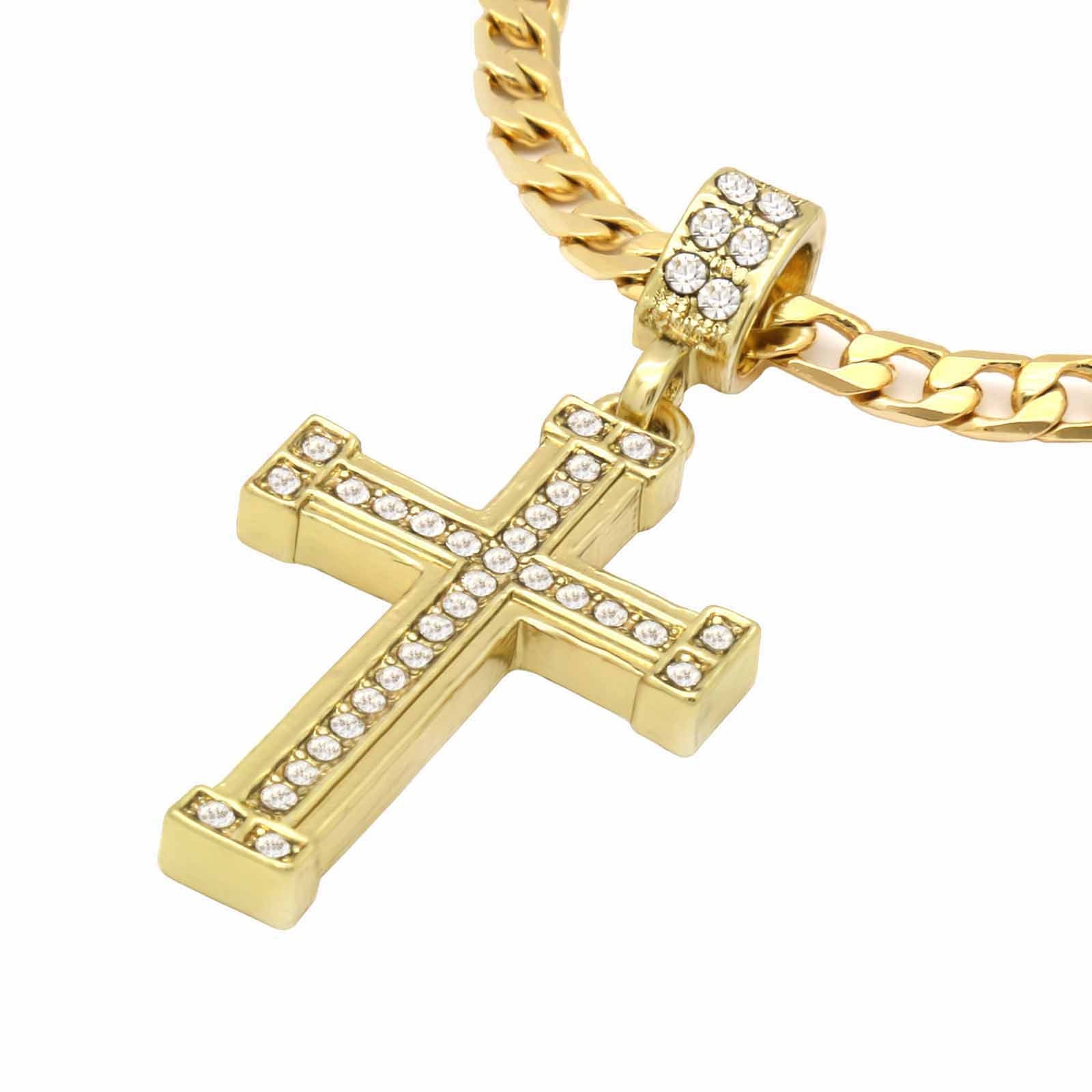 Gold Tone Staple Cz Cross Pendant Hip-hop 4mm 24 Figaro Chain Necklace Gold Tone Staple Cz Cross Pendant Hip-hop 4mm 24 Figaro Chain Necklace