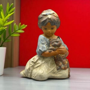 Beautiful Vintage Porcelain Child Figurine Holding a Cat. Estimated to Be From the 1960s-1970s. Gift for Cat Lover. Mid-Century Modern